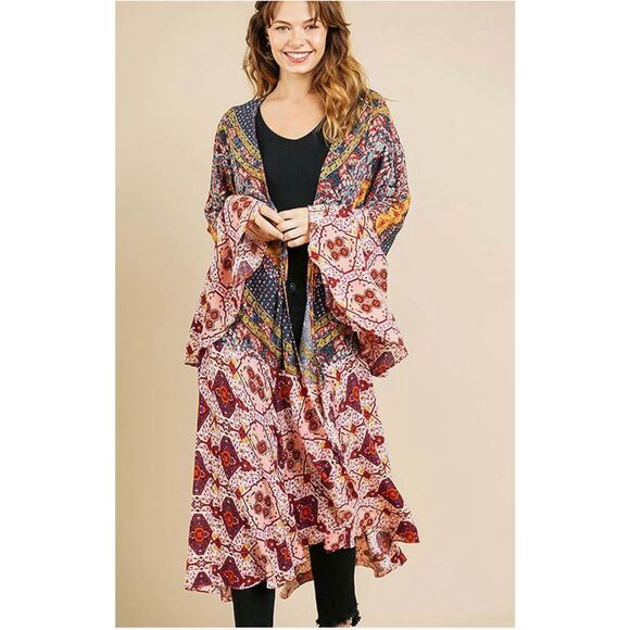 Umgee Women’s L Ruffled Long Body Kimono Duster Multicolored Berry Mix Print Boh - Picture 1 of 14